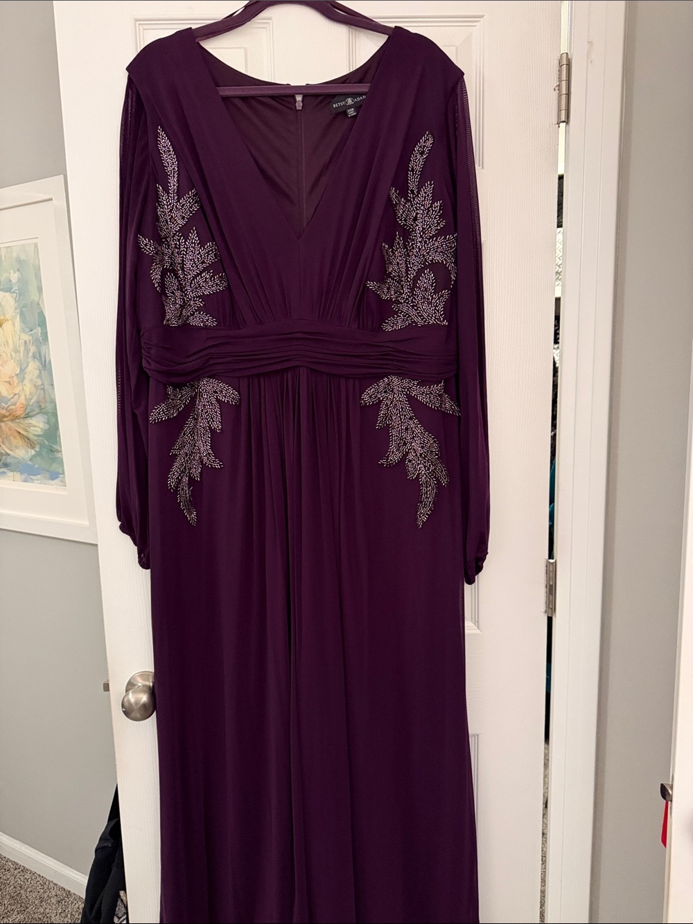Betsy & Adam Deep Plum V-Neck Long Sleeve Evening Gown with Silver Bead Accents